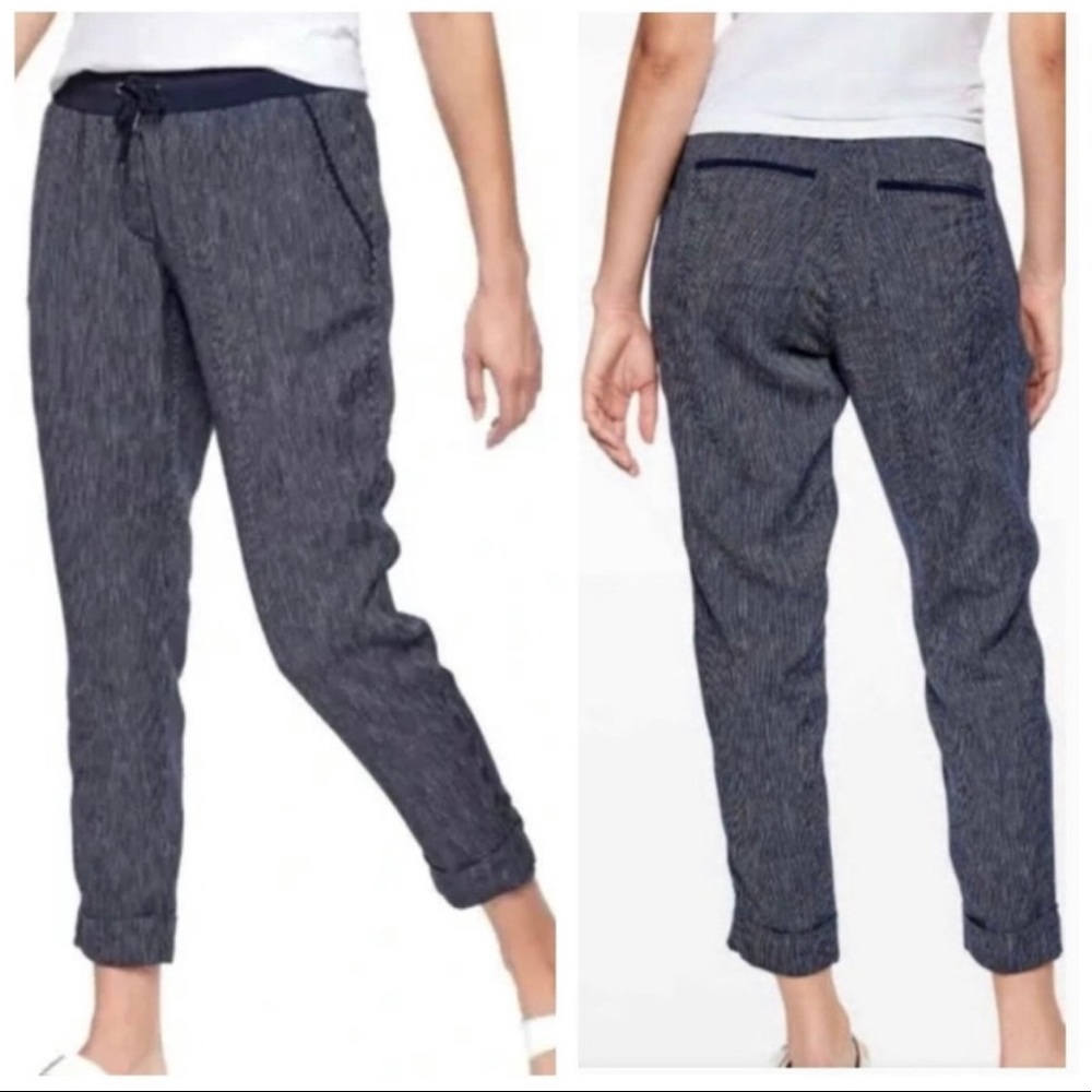 Athleta Linen Navy White Stripe Ankle Pant size 12